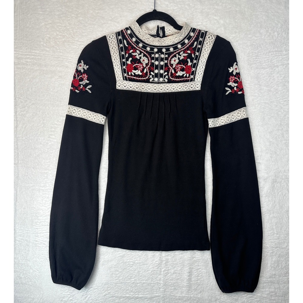 Free People Embroidered Top Womens Small Black Floral Lace Long Sleeve Blouse